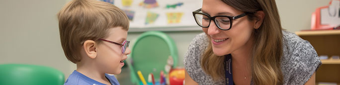 A woman wearing glasses engages in conversation with a young child.